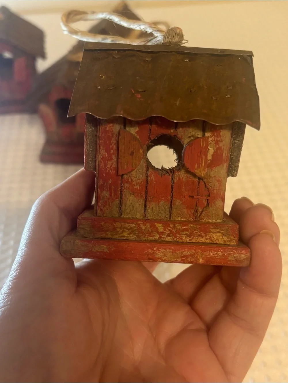 Rustic Primitive Red Wooden Birdhouse Ornaments Metal Roof Set of 6